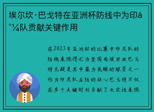 埃尔坎·巴戈特在亚洲杯防线中为印尼队贡献关键作用 埃尔坎·巴戈特在亚洲杯防线中为印尼队贡献关键作用