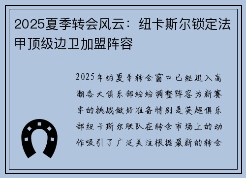 2025夏季转会风云：纽卡斯尔锁定法甲顶级边卫加盟阵容
