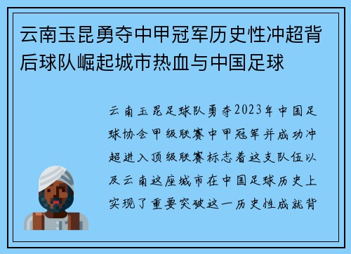 云南玉昆勇夺中甲冠军历史性冲超背后球队崛起城市热血与中国足球 云南玉昆勇夺中甲冠军历史性冲超背后球队崛起城市热血与中国足球
